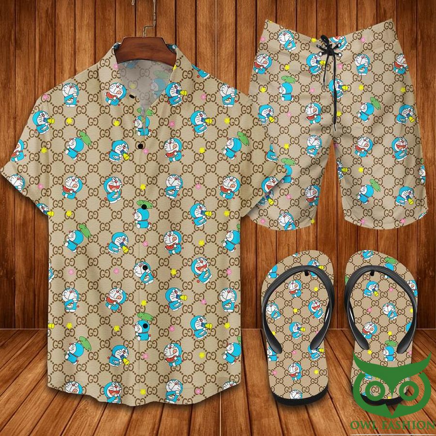 18 Gucci Doraemon Monogram Flip Flops And Combo Hawaiian Shirt Shorts