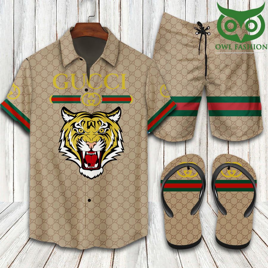 226 Gucci Tiger face beige Hawaiian shirt shorts flipflops
