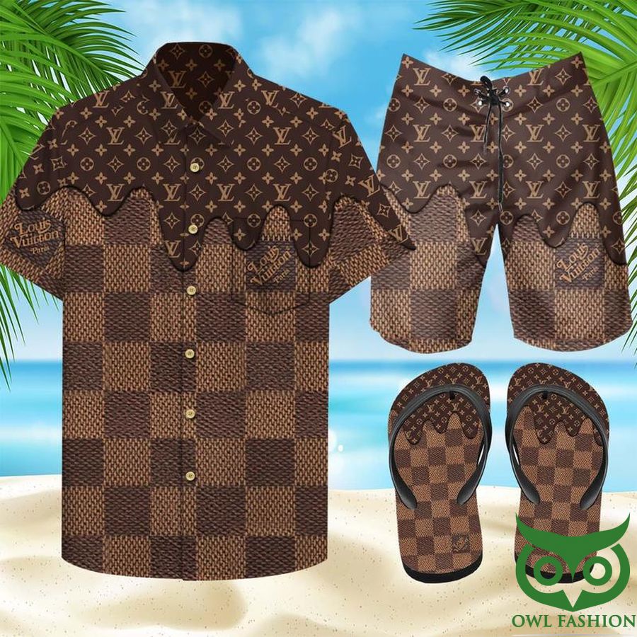 10 Louis Vuitton Brown Checkered Flip Flops And Combo Hawaiian Shirt Shorts