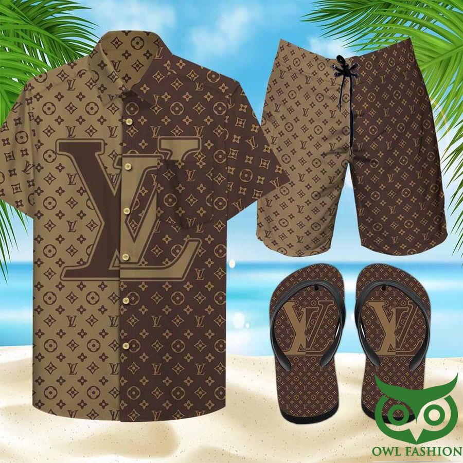 26 Louis Vuitton Dark Light Brown with Logo Flip Flops And Combo Hawaiian Shirt Shorts