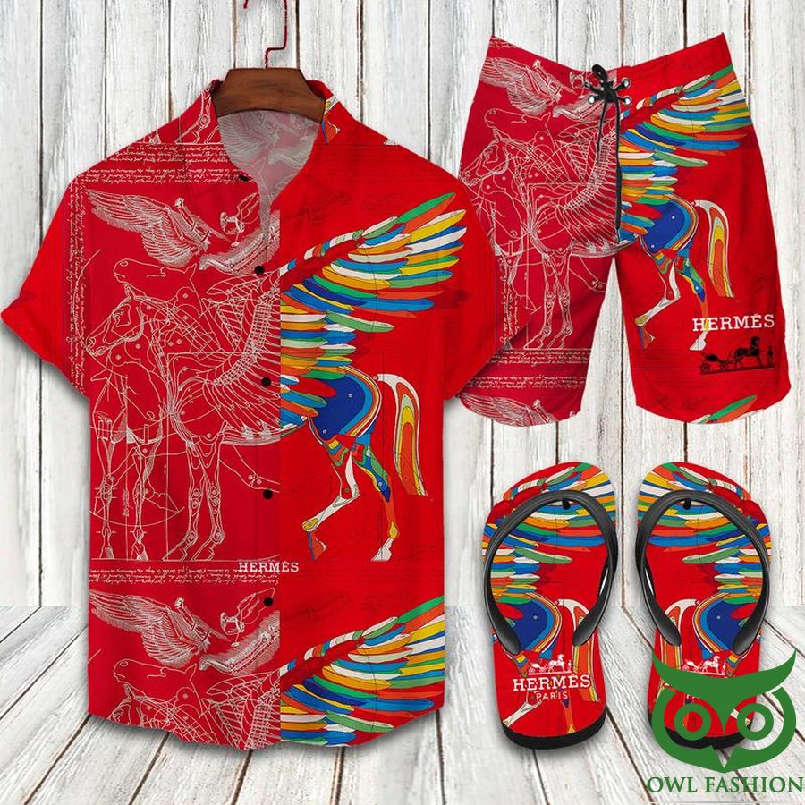 Hermes Glamorous Horse Red Flip Flops And Combo Hawaiian Shirt Shorts