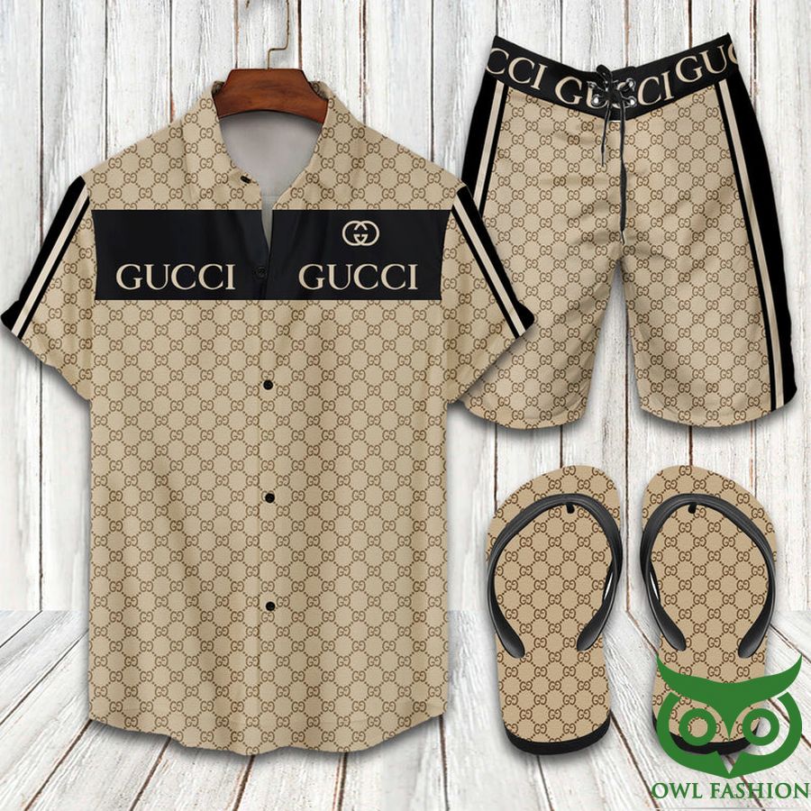 128 Gucci Black Name Background Hawaiian Outfit Combo Flip Flops