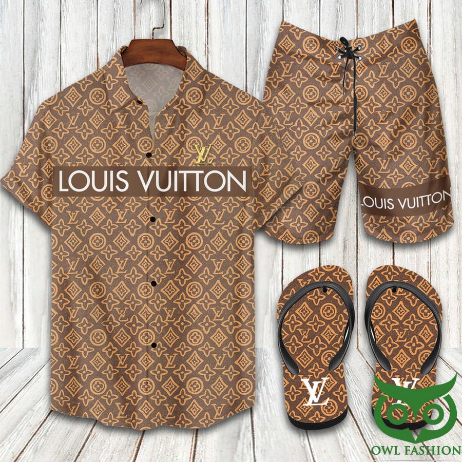 92 Louis Vuitton Orange Brown Hawaiian Outfit Combo Flip Flops