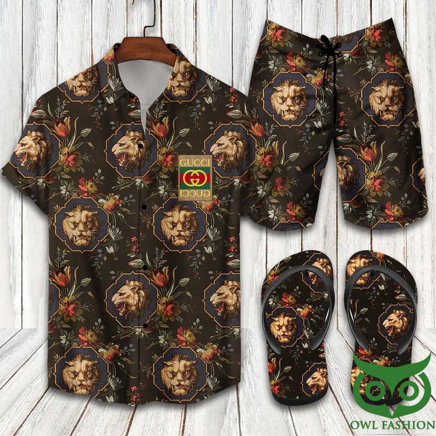 94 Gucci Lion Flower Dark Flip Flops And Combo Hawaiian Shirt Shorts