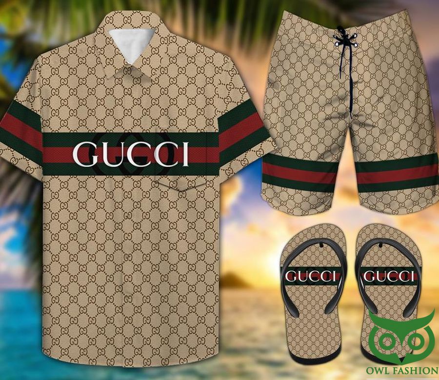 145 Gucci Vintage Web Pattern Flip Flops And Combo Hawaiian Shirt Shorts