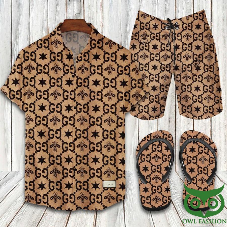42 Gucci Wooden Color Flip Flops And Combo Hawaiian Shirt Shorts