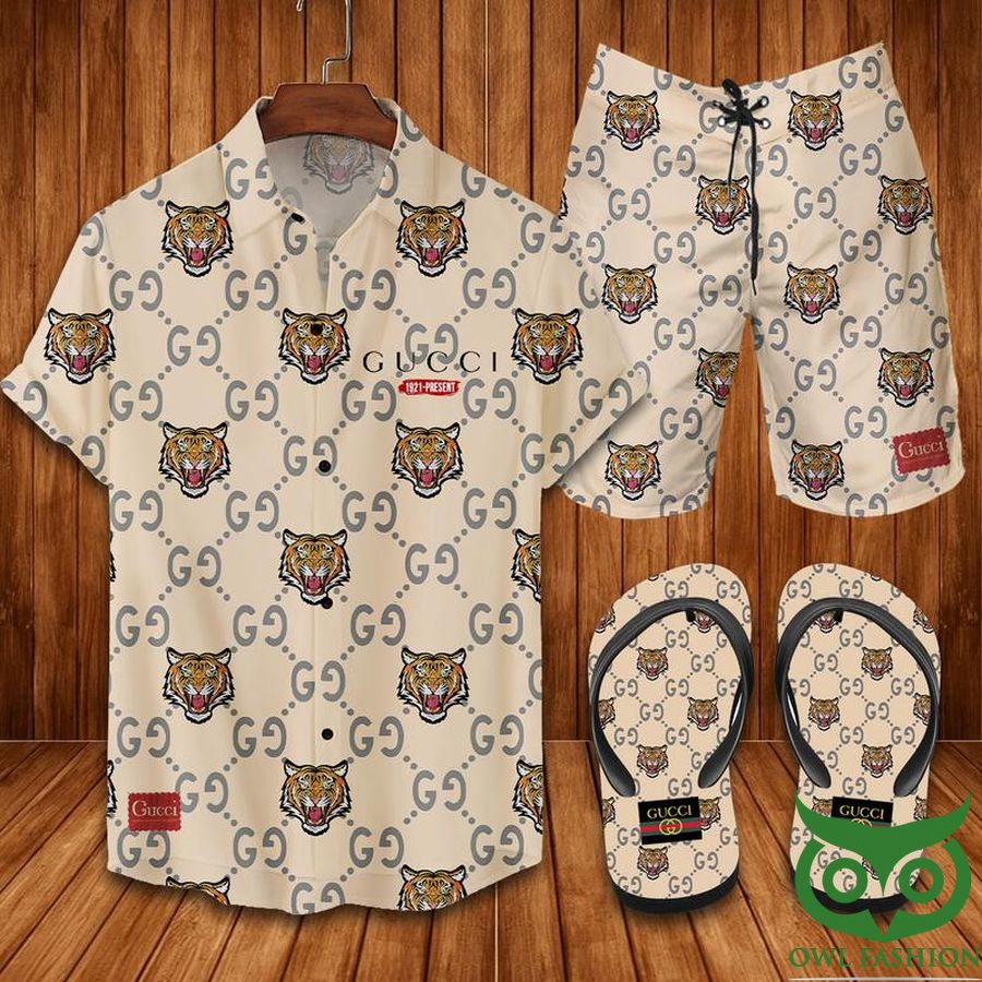 Gucci Tiger Logo Flip Flops And Combo Hawaiian Shirt Shorts