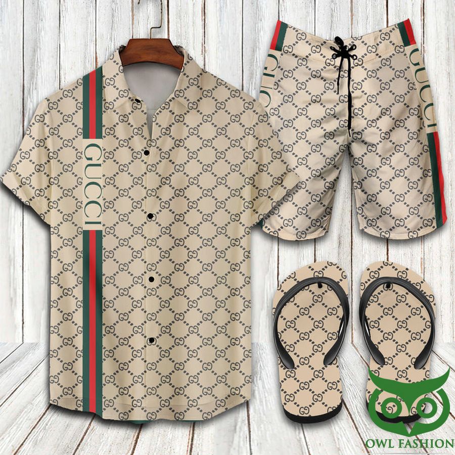 64 Gucci Beige Vintage Web Hawaiian Outfit Combo Flip Flops