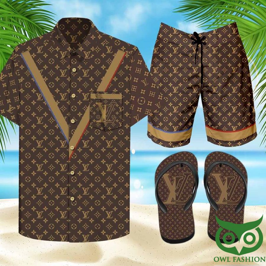 22 Louis Vuitton Brown Monogram Black Flip Flops And Combo Hawaiian Shirt Shorts