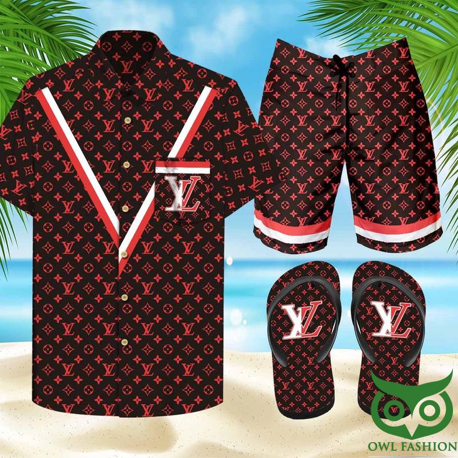 18 Louis Vuitton Red Monogram Black Flip Flops And Combo Hawaiian Shirt Shorts