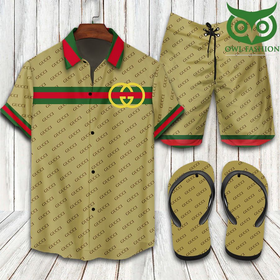 246 Gucci green stripe Hawaiian shirt shorts flipflops
