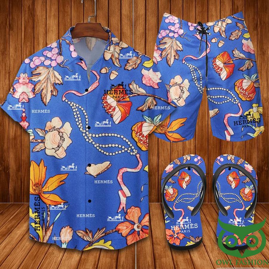 111 Hermes Pattern Blue Flip Flops And Combo Hawaiian Shirt Shorts