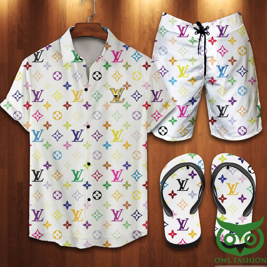 6 Louis Vuitton Colorful Monogram Hawaiian Outfit Combo Flip Flops