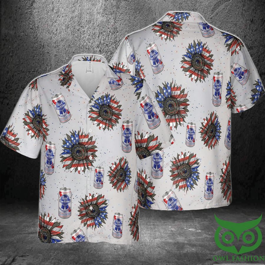 Pabst Blue Ribbon Sunflowered Red White Blue 4th Of July 3D Hawaiian Shirt