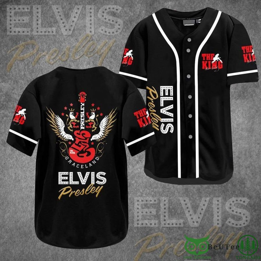 Elvis Presley Red Guitar Black Baseball Jersey Shirt