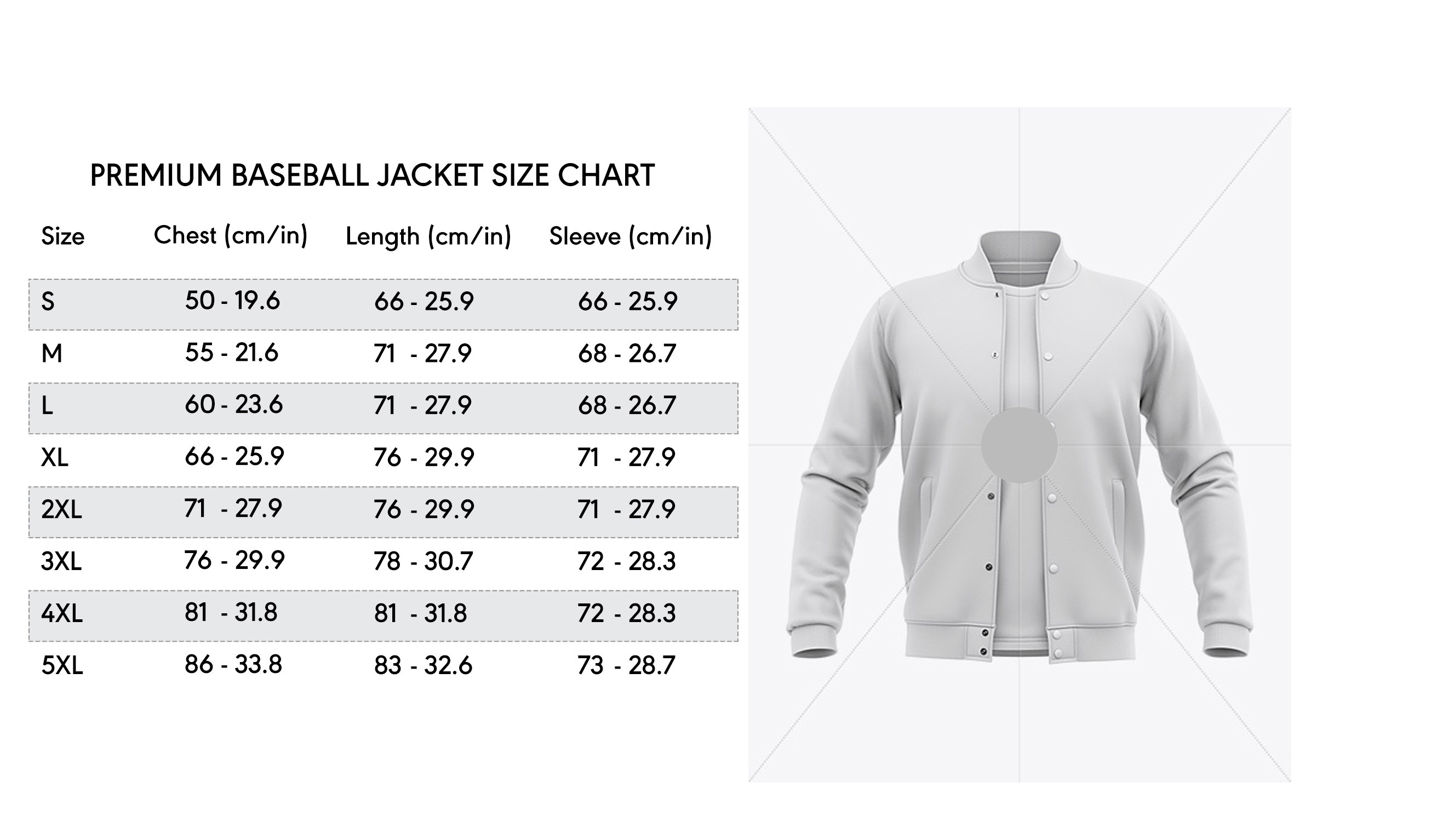 3D premium baseball jacket size chart