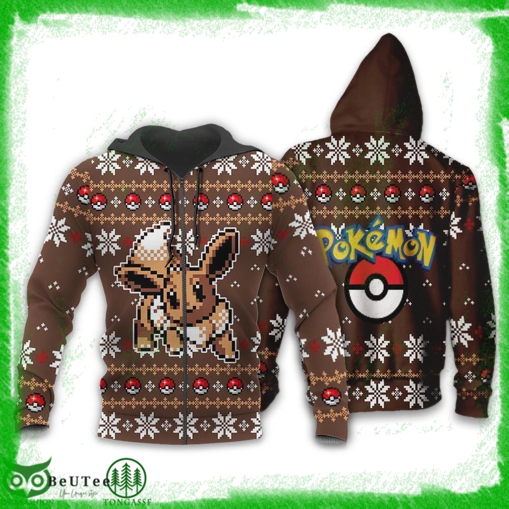 12 Pokemon Eevee Xmas Gift Hoodie 3D Brown Ugly Sweater