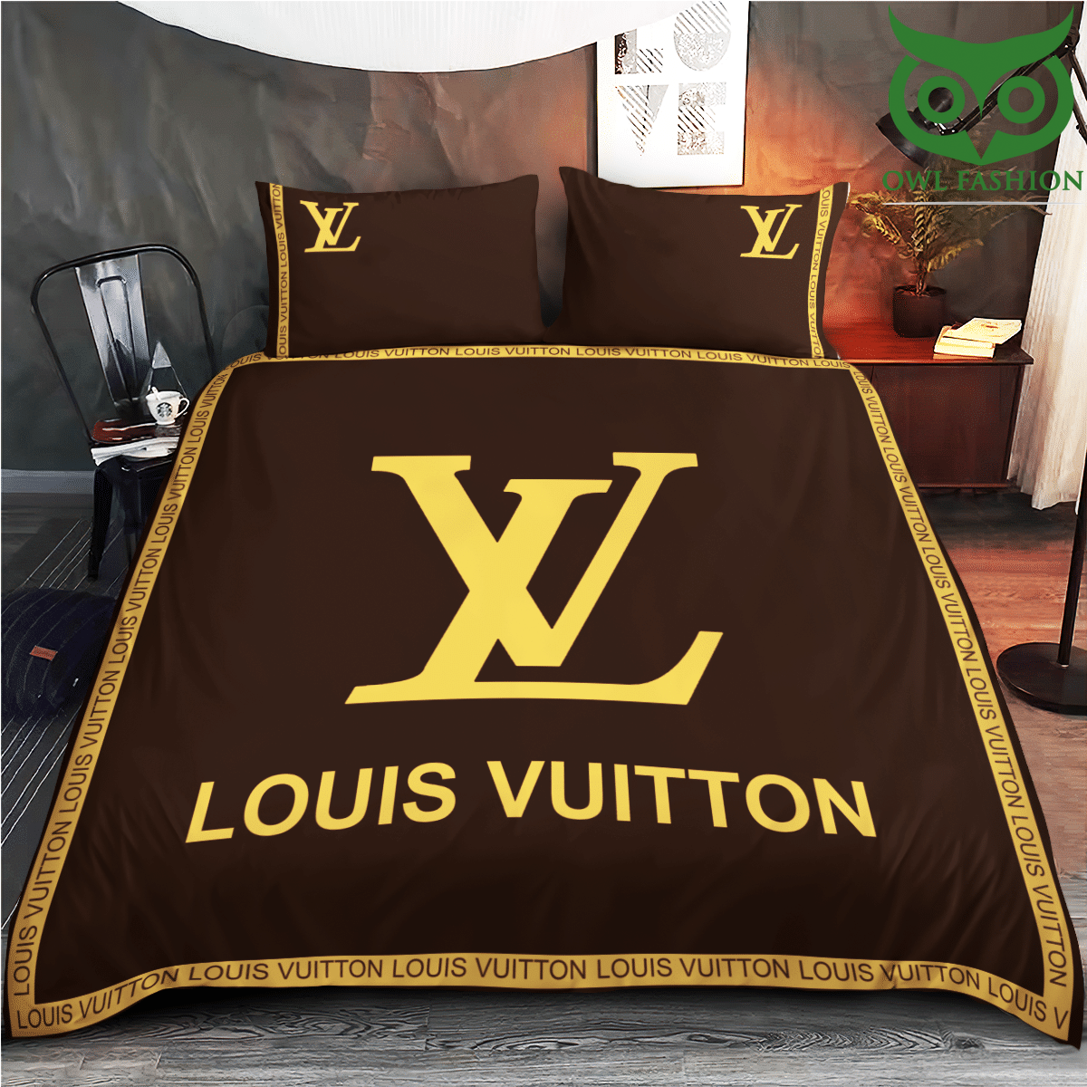 Brown Velvet Louis Vuitton logo bedding set