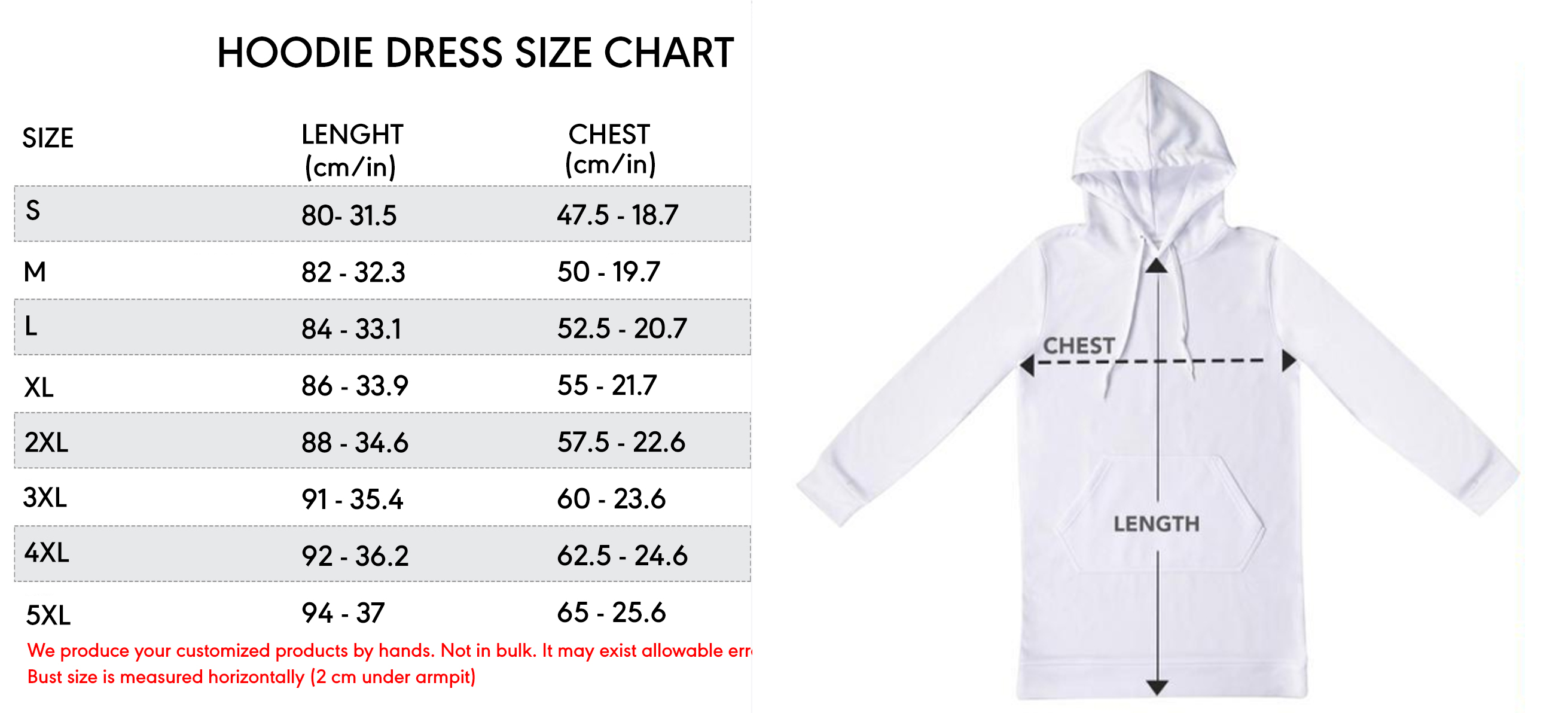 hoodie dress size chart