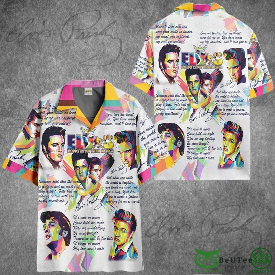 Elvis Presley Colorful Pattern with Lyrics White Hawaiian Shirt