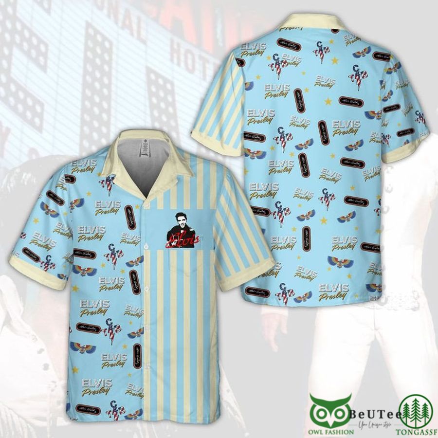Elvis Presley Beige Pattern Symbol Blue Hawaiian Shirt