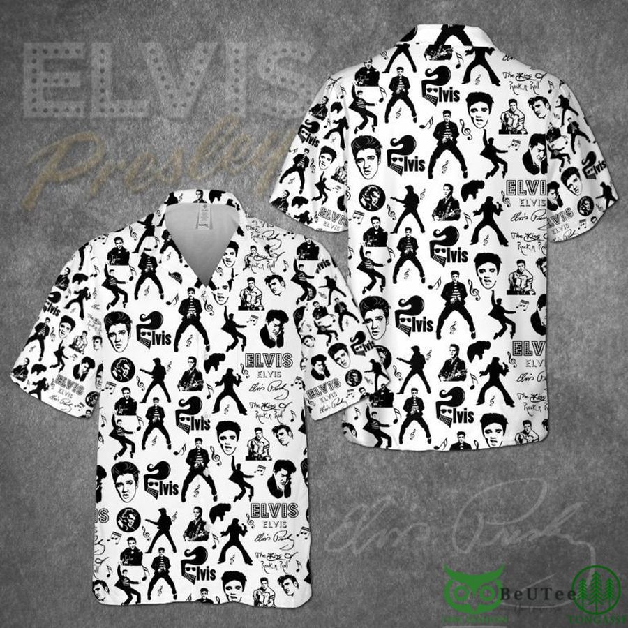 10 Elvis Presley Multiple Symbols Black White Hawaiian Shirt