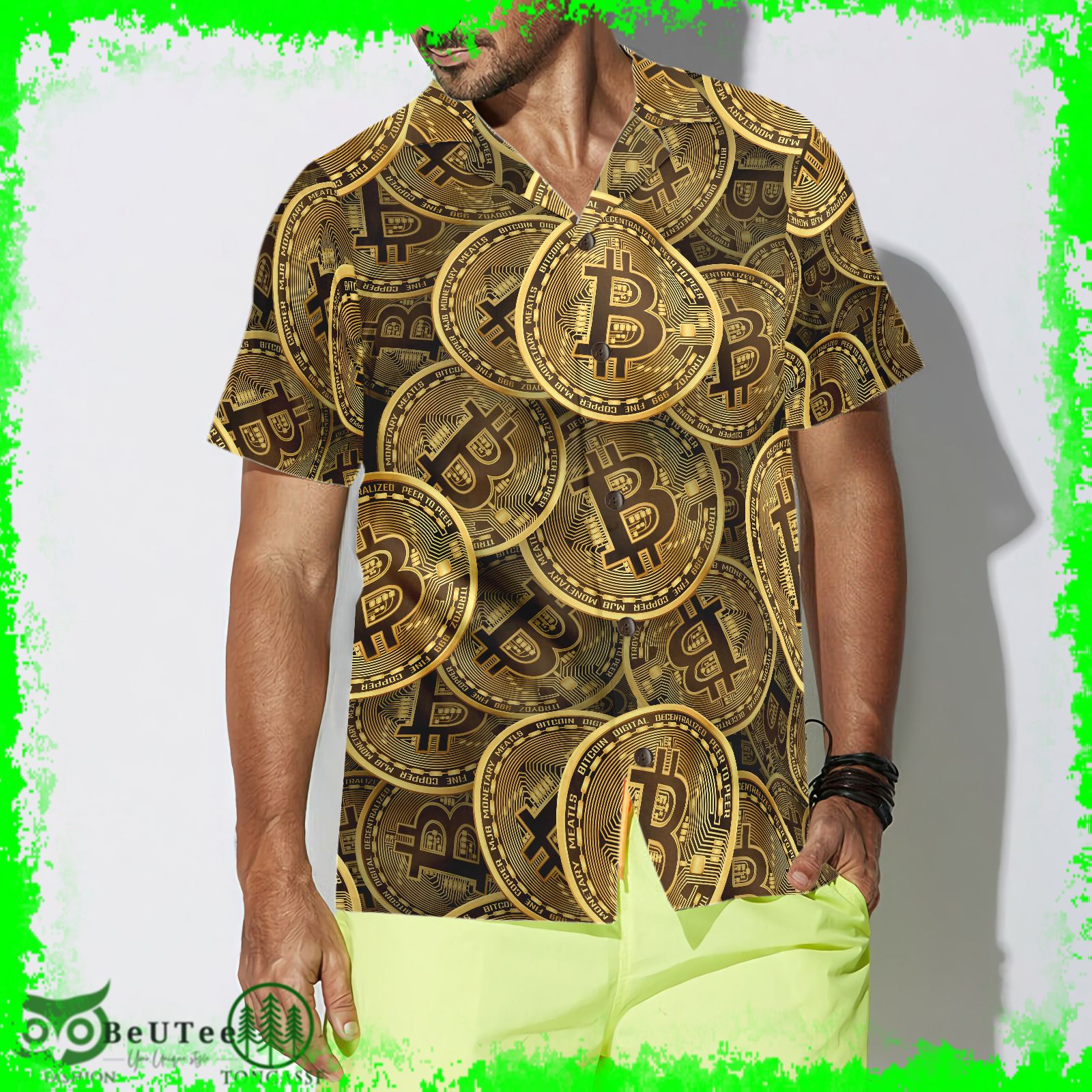 Realistic Seamless Bitcoin Cryptocurrency Hawaiian Shirt BTC