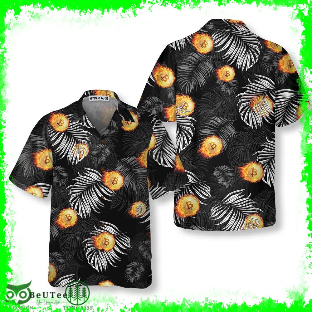 Bitcoin Flame And Tropical Pattern Hawaiian Shirt BTC