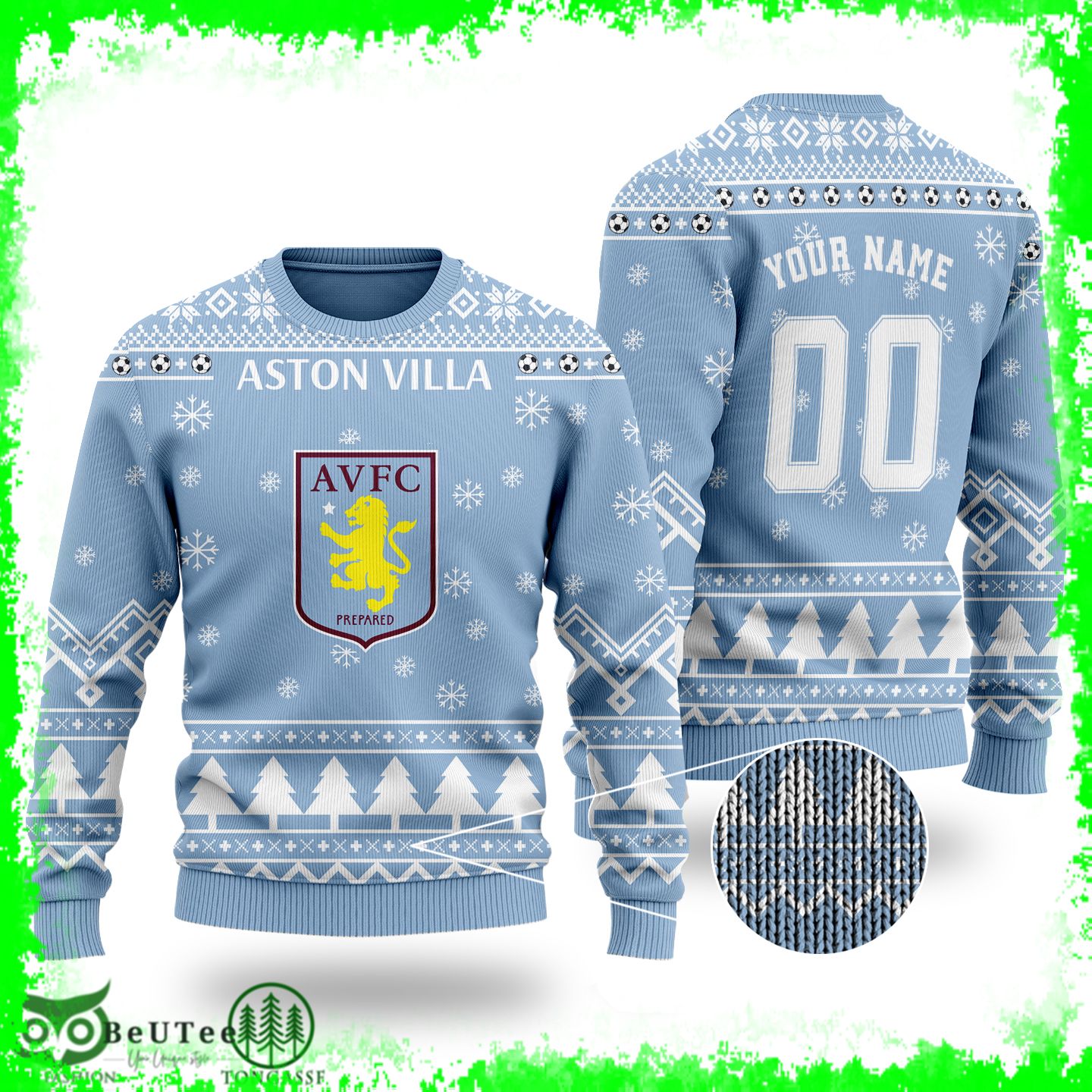 Aston Villa FC Blue Ugly Christmas Sweater Custom Name Number 