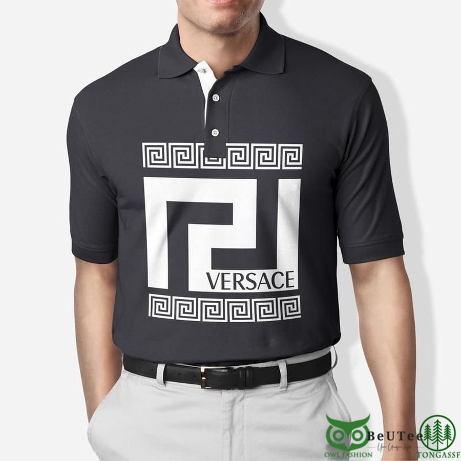 Limited Edition Versace Dark Blue Greca Maze Polo Shirt