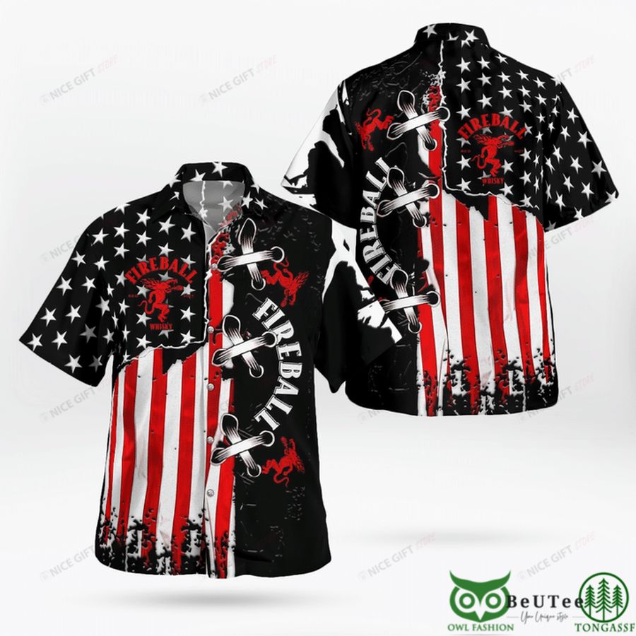 12 Fireball Whisky US Flag Cross Hawaiian Shirt