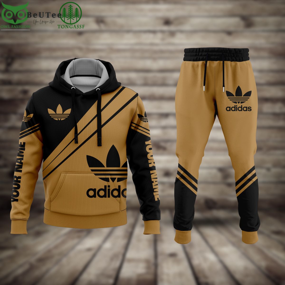 Customized Luxury Adidas Gold and Black Thin Diagonal Lines Logo Hoodie and Pants