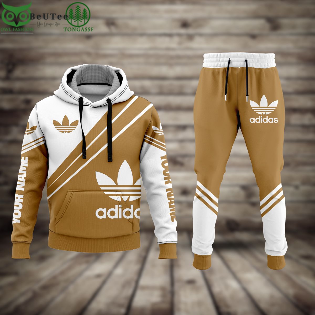 Customized Luxury Adidas Gold and White Thin Diagonal Lines Logo Hoodie and Pants