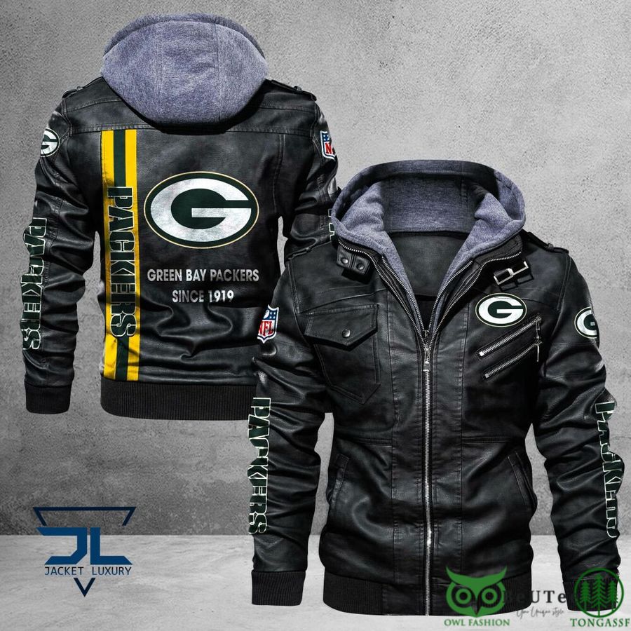 Green Bay Packers Logo NFL Black 2D Leather Jacket