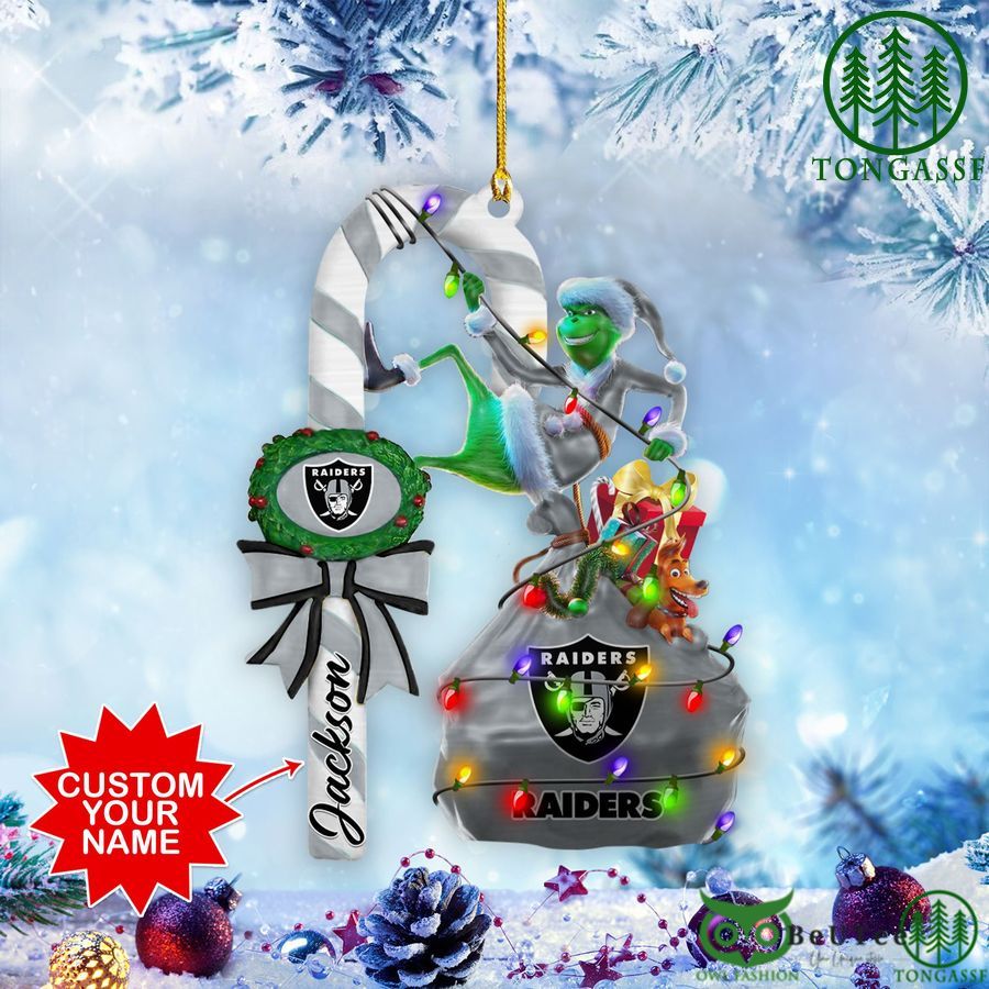 57 oakland raiders nfl custom name grinch candy cane ornament 2 side