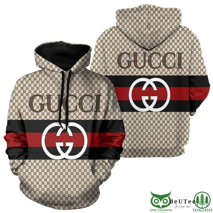 Luxury Gucci Beige Monogram Vintage Web 3D Hoodie