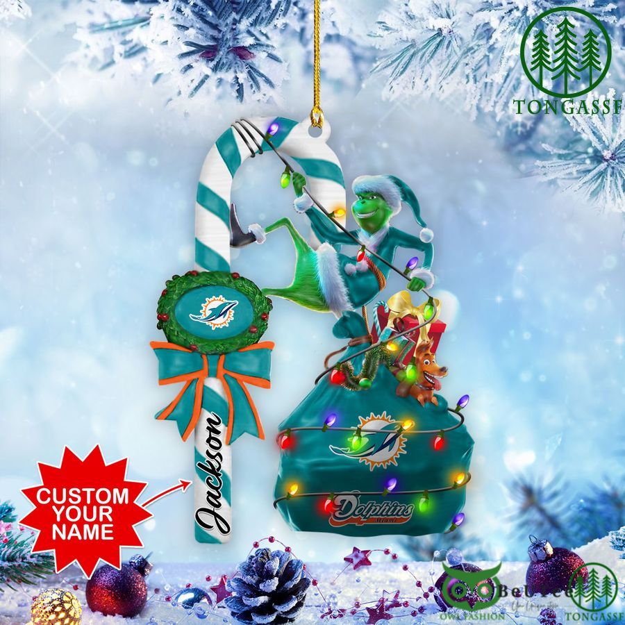 miami dolphins nfl custom name grinch candy cane ornament 2 side