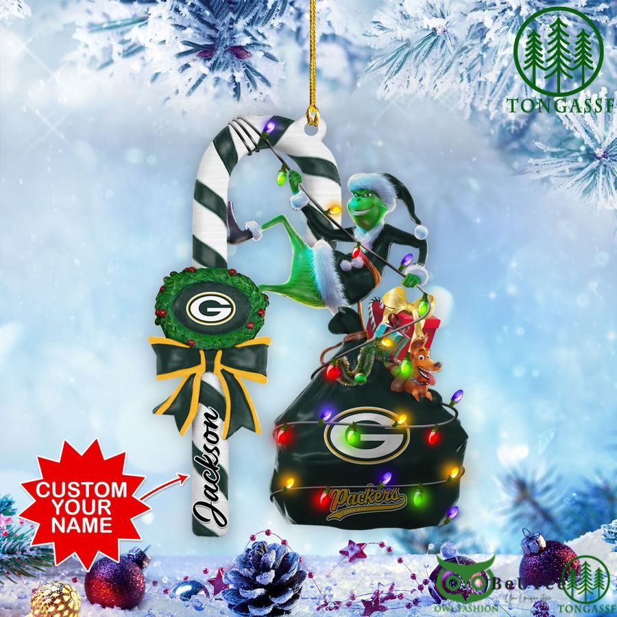 green bay packers nfl custom name grinch candy cane ornament 2 side