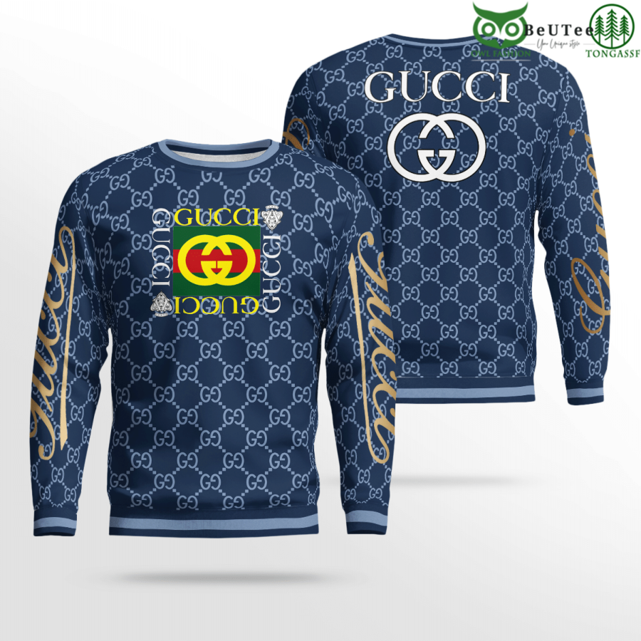 10 Limited Edition Gucci Center Logo Blue Monogram 3D Ugly Sweater