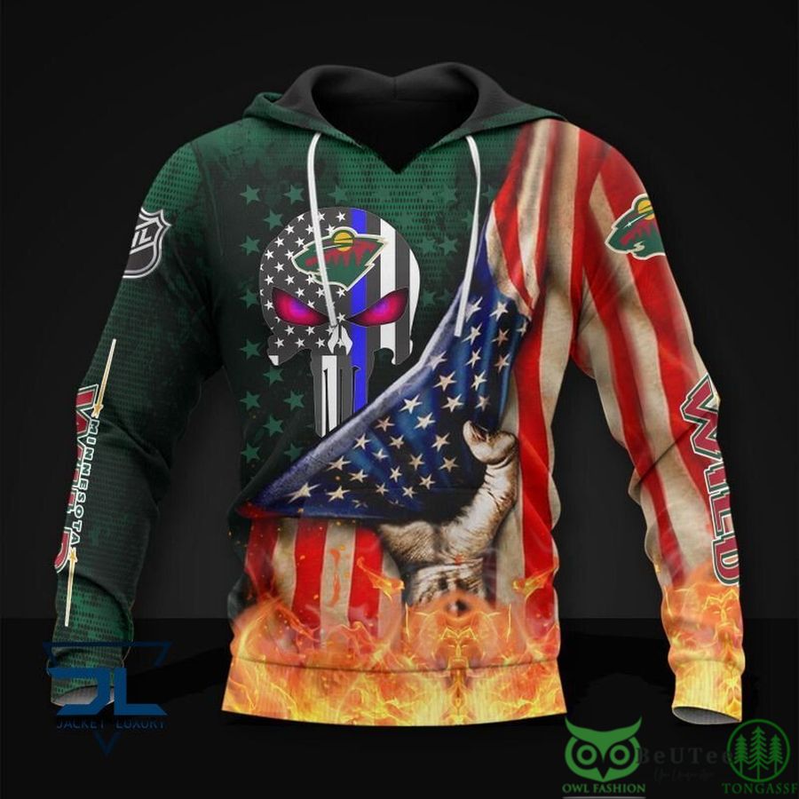172 Minnesota Wild NHL US Flag Fire 3D Hoodie Sweatshirt Jacket