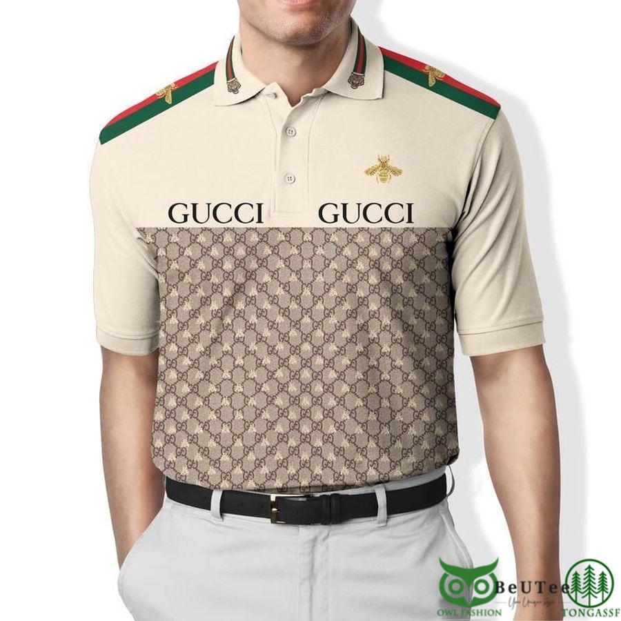 Limited Gucci Beige Fly and Monogram Pattern POLO SHIRT 