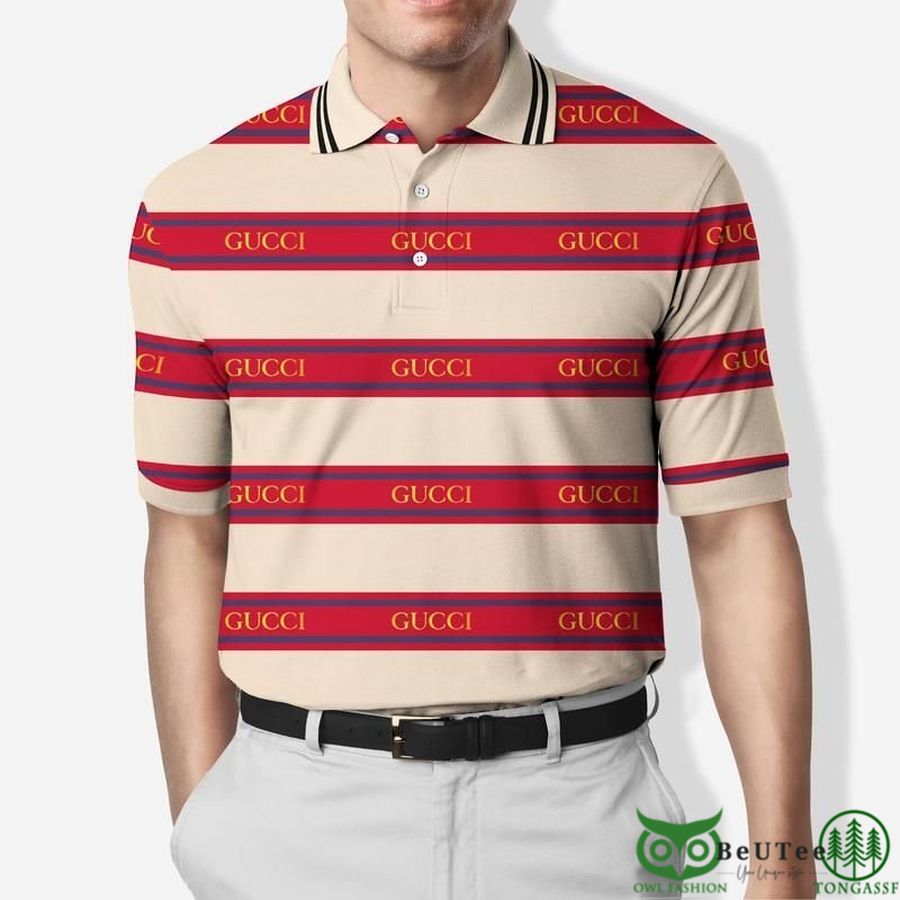 Limited Gucci Red Horizontal Stripes Beige POLO SHIRT 