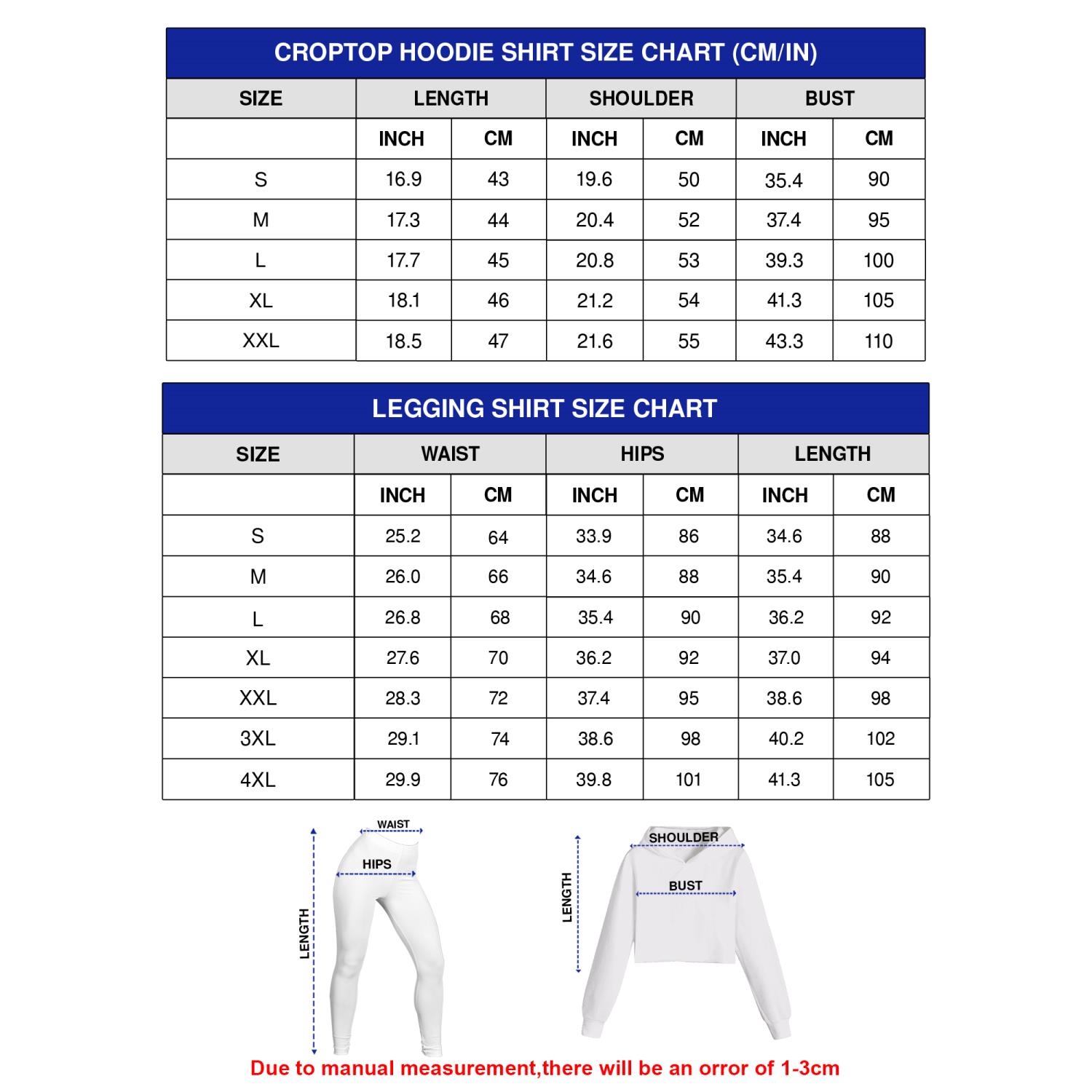 Croptop Hoodie Leggings Size Chart