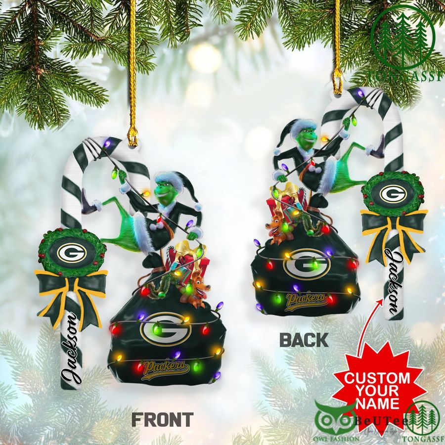 29 green bay packers nfl custom name grinch candy cane ornament 2 side