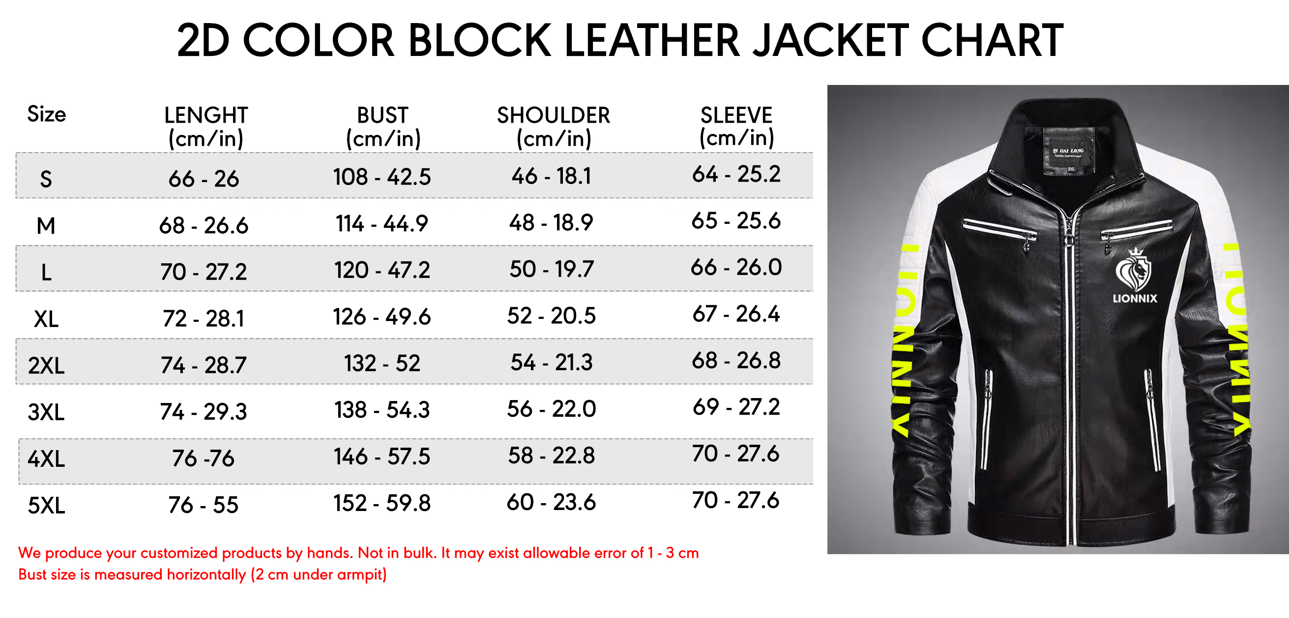 2d color block leather jacket size chart