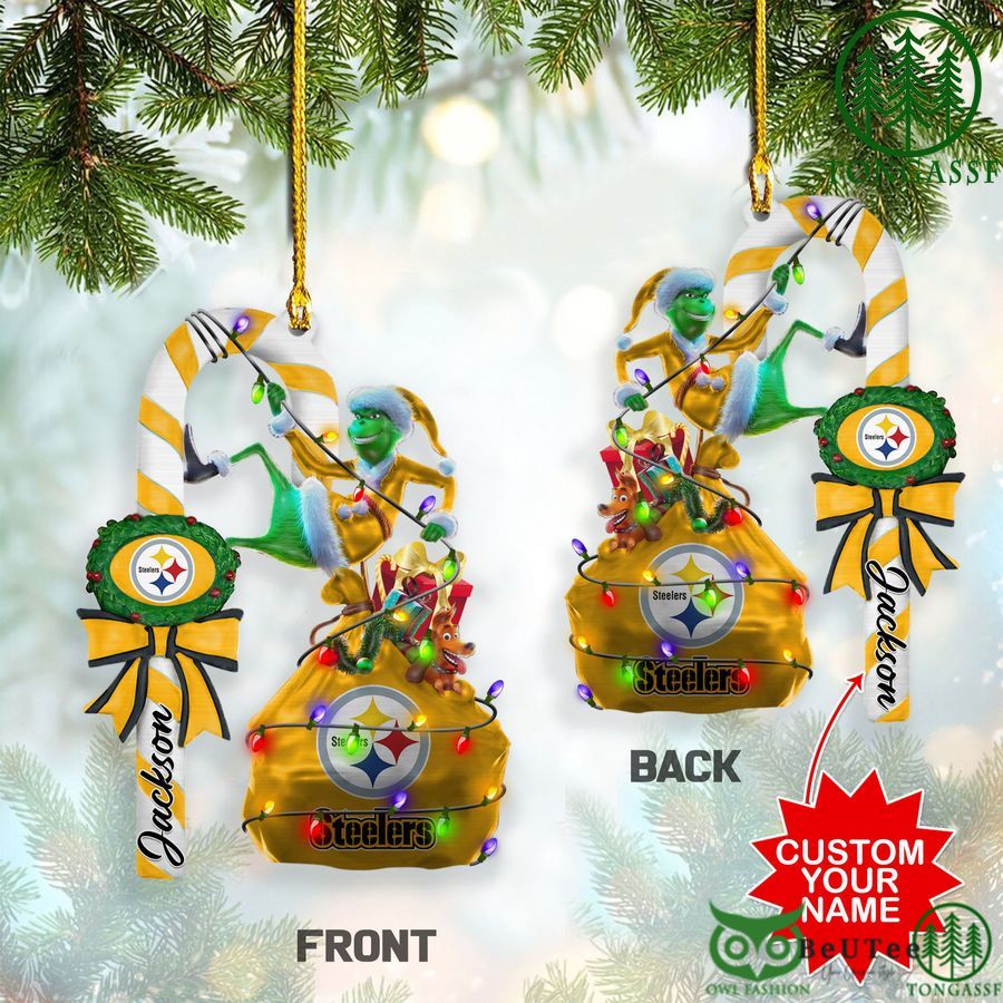 70 pittsburgh steelers nfl custom name grinch candy cane ornament 2 side