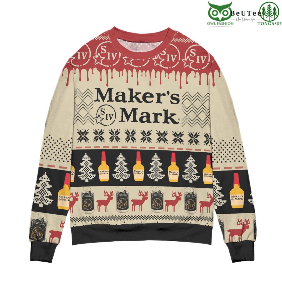 Makers Mark Bourbon Whisky Pine Tree Reindeer Ugly Christmas Sweater