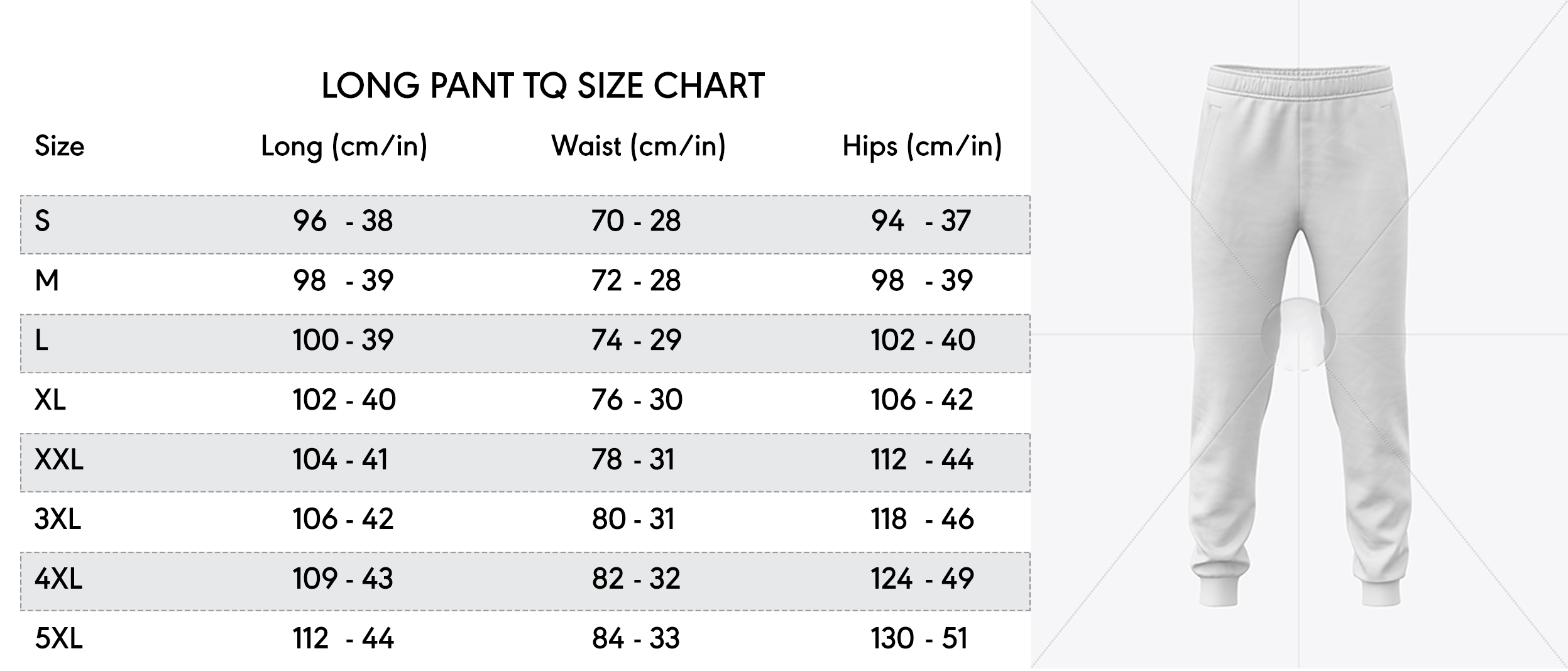 long pant size chart