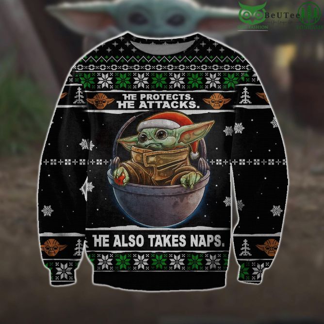 14 He Protects He Attacks He Also Takes Naps Baby Yoda Star Wars Xmas Ugly Sweater