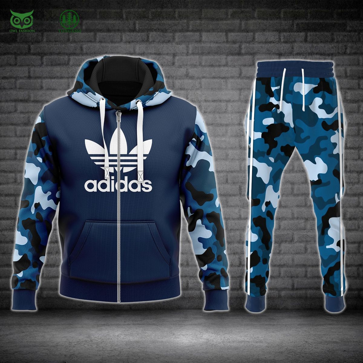 Adidas Camouflage Blue Navy Hoodie And Pants - Owl Fashion Shop
